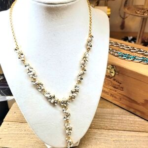 Goldtone, Rhinestone & Faux Pearl Lariat Necklace • Better Costume Jewelry
